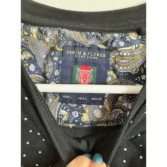 Denim & Flower Men's T-Shirt Size L-Black w/White Pola Dots - Picture 3 of 6